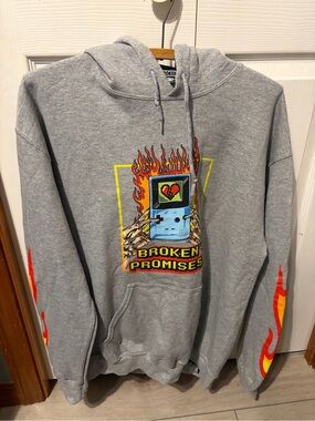Gray Graphic Hoodie with Flame Sleeves